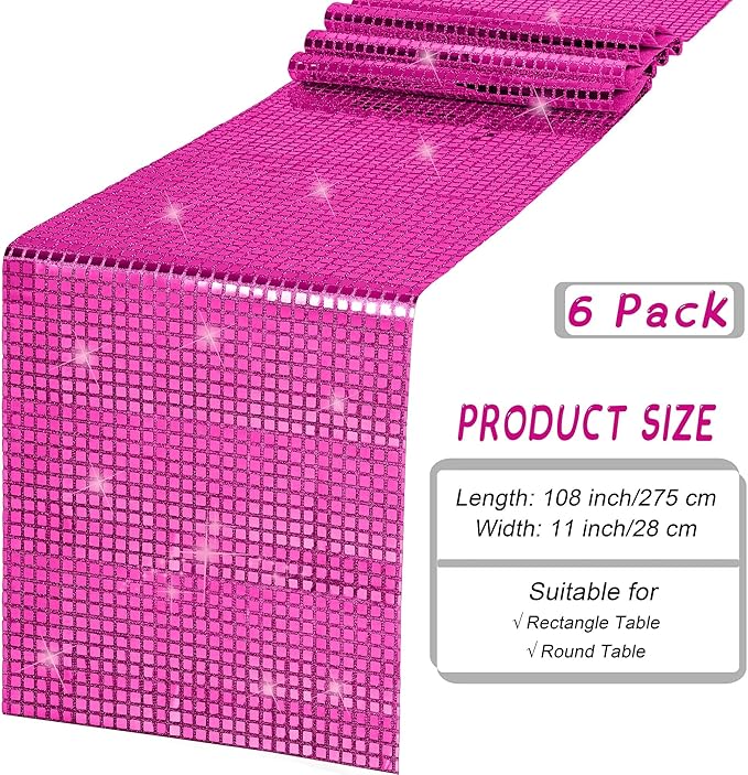Durony 6 Pack Disco Table Runner 11 x 108 Inch Mirror Hot Pink Glitter Foil With Sparkle Sequin for Bachelorette, 70s, Cowgirl Party Decorations