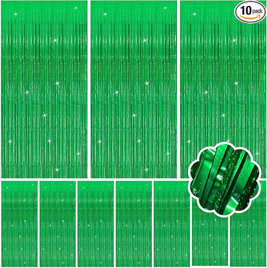 10 Pack Green Streamers Metallic Foil Fringe Curtain Backdrop for St Patrick's Day Birthday Christmas Dinosaur Animal Football Theme Party Decorations