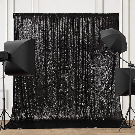PartyDelight Black Sequin Backdrop Curtains 8FT X 8FT Sparkly for Wedding Party Room Decorations