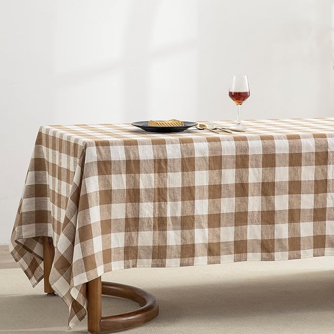 EVERLY 100% Yarn-Dyed Linen Rectangle Tablecloths 60x144Inches for Dining,Buffet Parties,Picnic,Events and Restaurants,Decorative Halloween,Thanksgiving Machine Washable Tablecloths-Brown Plaid