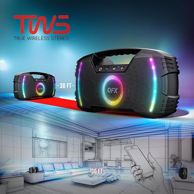 Powerful & Portable Waterproof All Terrain Bluetooth Speaker with Deep Bass, LED Party Lights, Fast USB-C Charging, FM Radio, AUX – QFX BT-ZX35