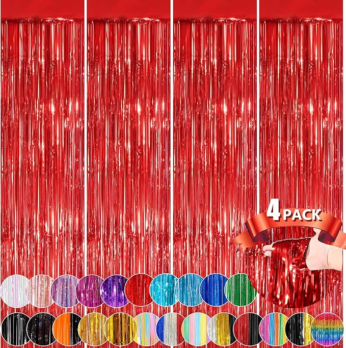 Red Metallic Tinsel Foil Fringe Curtains, 4 Pack 3.3x8.3 Feet Streamer Backdrop Curtains for Birthday Party Decorations, Halloween Decor, Foil Curtain Backdrop for Bachelorette Party