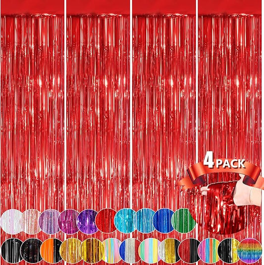 Red Metallic Tinsel Foil Fringe Curtains, 4 Pack 3.3x8.3 Feet Streamer Backdrop Curtains for Birthday Party Decorations, Halloween Decor, Foil Curtain Backdrop for Bachelorette Party