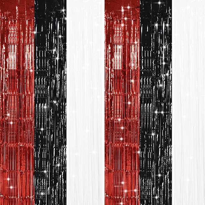 TONIFUL Black Red White Door Streamers,Black Red and White Photo Booth Backdrop Metallic Streamers Foil Fringe Curtain for Birthday,New Year,Graduation,Grad,Baby Shower Party Streamers Decoration