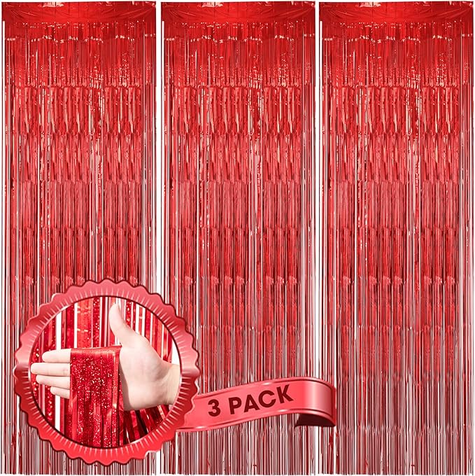 3 Pack 3.3 x 8.2 ft Laser Red Foil Fringe Backdrop Curtains, Tinsel Streamers Birthday Party Decorations, Fringe Backdrop for Graduation, Baby Shower, Gender Reveal, Disco Party