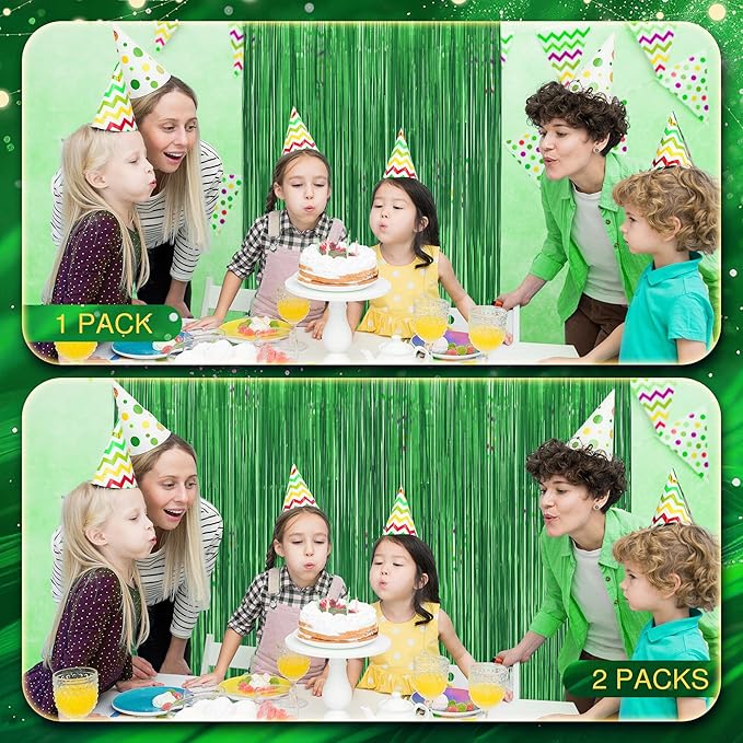 2 Pack Metallic Green Fringe Backdrop, 3.2x8.2ft Shining Foil Tinsel Curtains, Birthday Party Decorations Door Streamers for Halloween, Christmas, Wedding, Graduation, Holiday, Theme Events