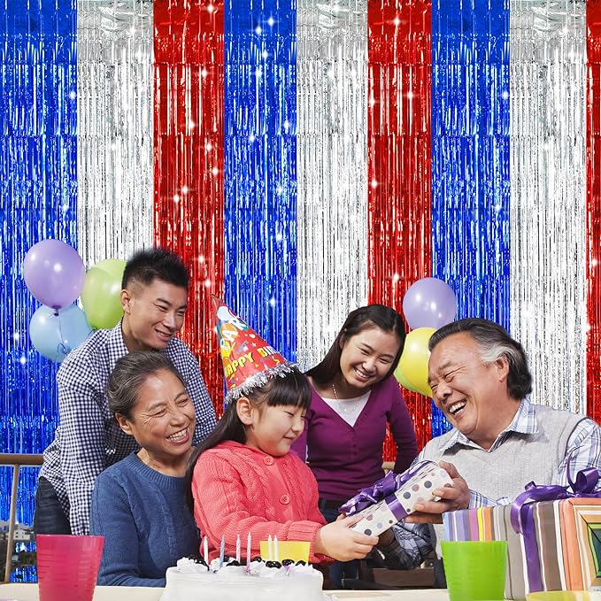 TONIFUL Red White and Blue Tinsel Foil Fringe Curtains,4th of July Decorations Independence Day Photo Booth Backdrop,Metallic Door Streamers for Patriotic Party Memorial Day Labor Day Supplies