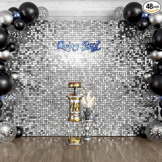 Qcity Silver Shimmer Wall Backdrop 48PCS, Black Back Not See-Through Design, Square Sequin Glitter Backdrop Panel, Perfect for Outdoor Events, Birthdays, Wedding and Party Decoration