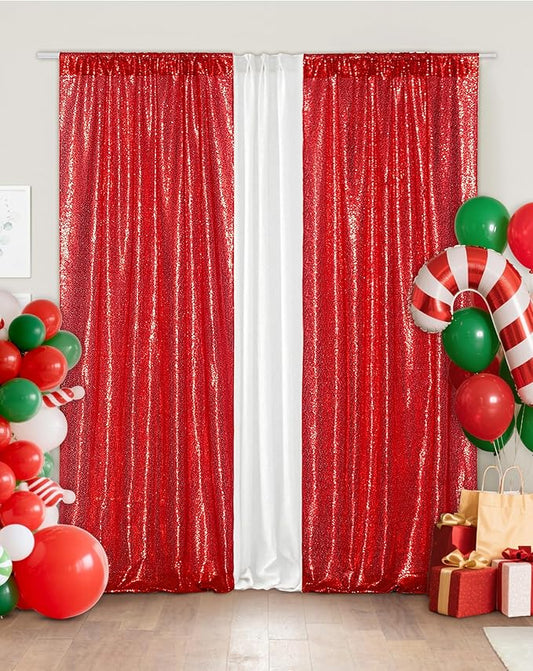Eternal Beauty Red Sequin Backdrop Curtains, Valentine's Day Shimmer Back Drop 2Panels-3FTx7FT for Christmas, Party, Birthday, Photography, Wedding, Baby Shower Event Decoration