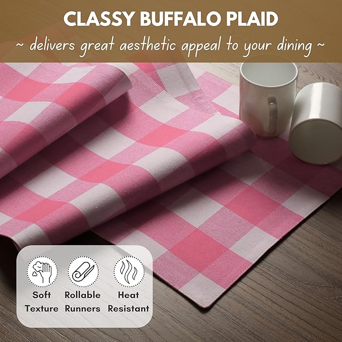 Native Fab Table Runner Buffalo Check Plaid 100% Cotton - 13x108 Inches Kitchen Dining Table Decoration for Indoor Outdoor Farmhouse Home Party Decor - Pink and White