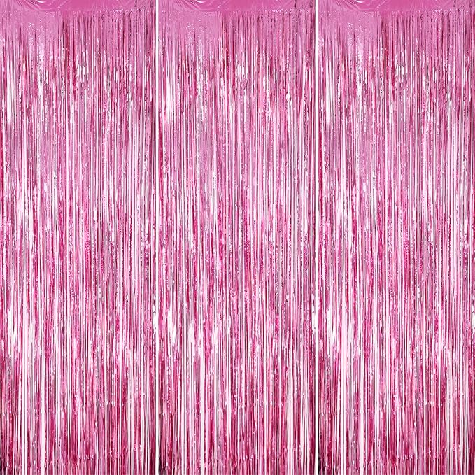 3 Pack Foil Fringe Backdrop - Pink Shiny Tinsel Curtains for Party Decoration/Photo Booth Props - 3.3x8.2 FT Metallic Foil Backdrop for Birthday, Wedding, Graduation, Christmas.
