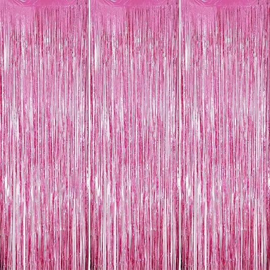 3 Pack Foil Fringe Backdrop - Pink Shiny Tinsel Curtains for Party Decoration/Photo Booth Props - 3.3x8.2 FT Metallic Foil Backdrop for Birthday, Wedding, Graduation, Christmas.