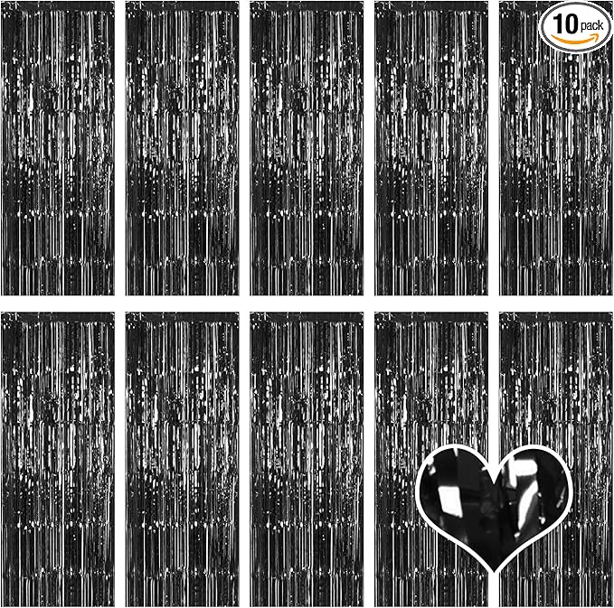 10 Pack Black Backdrop Curtain 3.2ft x 8.2ft Metallic Tinsel Foil Fringe Curtains Photo Booth Background for Birthday Party Decoration Baby Shower Engagement Wedding Christmas Decoration (Black)