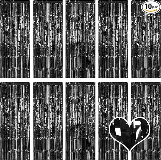 10 Pack Black Backdrop Curtain 3.2ft x 8.2ft Metallic Tinsel Foil Fringe Curtains Photo Booth Background for Birthday Party Decoration Baby Shower Engagement Wedding Christmas Decoration (Black)