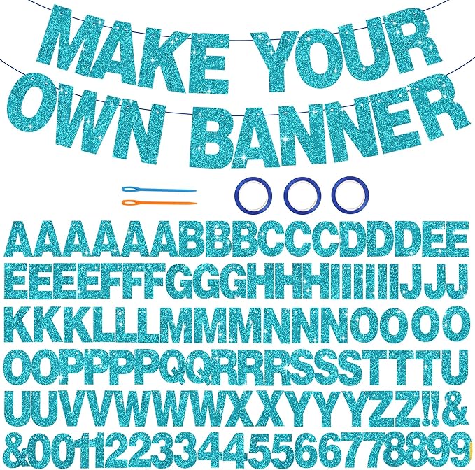 BEISHIDA 116 PCS A-Z Glitter Lake Blue DIY Letter Banner Kit Make Your Own Banner，Including 111 Letters and Numbers 3 Rope and 2 Threading Device,Customized for Birthday Graduation Wedding Party Decor