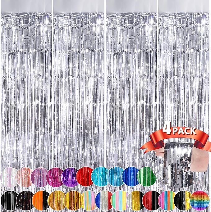 Silver Metallic Tinsel Foil Fringe Curtains, 4 Pack 3.3x8.3 Feet Streamer Backdrop for Birthday Party, Halloween Decor, Bachelorette Party