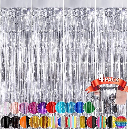 Silver Metallic Tinsel Foil Fringe Curtains, 4 Pack 3.3x8.3 Feet Streamer Backdrop for Birthday Party, Halloween Decor, Bachelorette Party