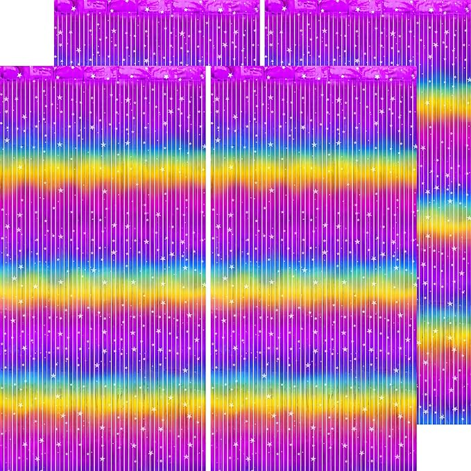 Rainbow Streamers Party Decorations - Thicken 4 Pack 3.2 x 8.2 FT - Rainbow Gradient Tinsel Foil Fringe Curtains, Photo Booth Props Backdrop for Birthday, 80s 90s Party Decorations