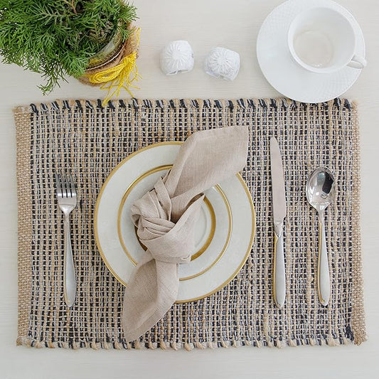 Chardin Home Natural Jute & Grey Placemats, Set of 4 – Rustic Handmade Boho Table Mats, 13x19 Inch Dining Table Placemats for Kitchen, Everyday Meals, Holidays, Farmhouse or Modern Table Décor