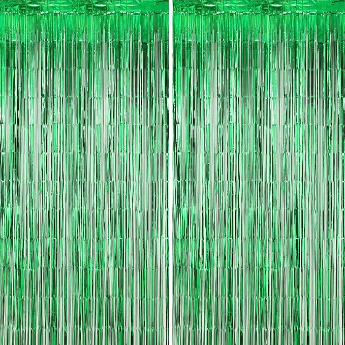 2 Pack Green Foil Fringe Backdrop Curtains, Tinsel Streamers Birthday Party Decorations, Fringe Backdrop for Graduation, Dinosaur Theme, Green Party