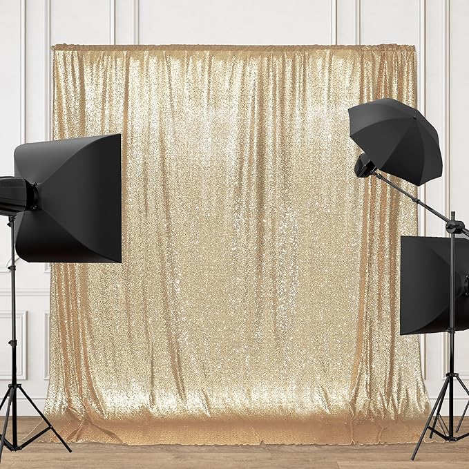 PartyDelight Sequin Backdrop Light Gold 6Ft x 8Ft Photograph Back Drop Wedding Curtain Special Events