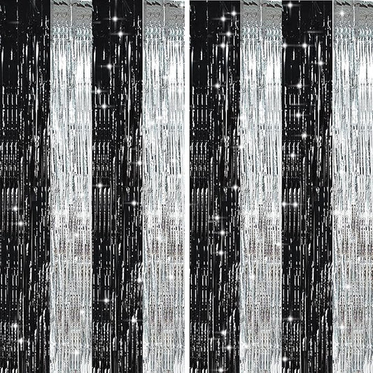 TONIFUL Silver Black Door Streamers,Silver and Black Photo Booth Backdrop Metallic Streamers Foil Fringe Curtain for Birthday,New Year,Graduation,Grad,Bachelorette Party Streamers Decoration