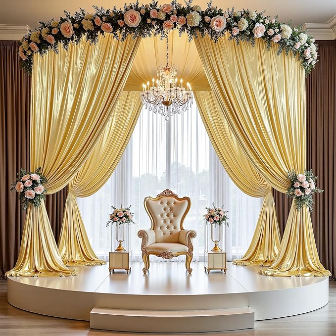 PartyVillage 20x14FT Gold Sequin Backdrop Curtain -4 Panels 5x14FT Wrinkle Free Shimmer Back Drop Cloth, Glitter Backdrop Drapes for Photography, Birthday, Wedding, Graduation Background