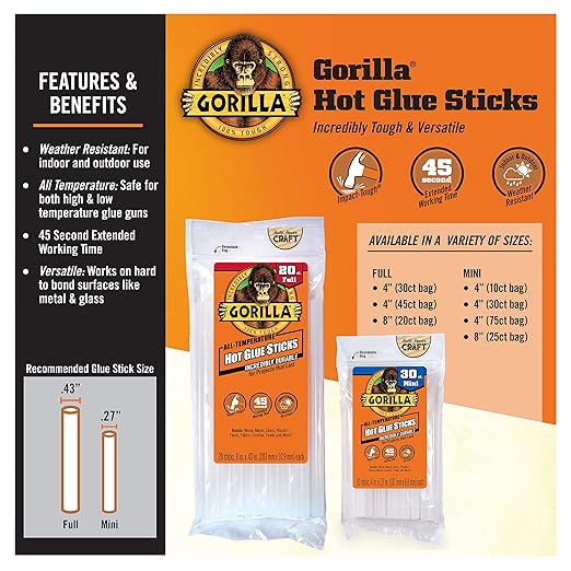 Gorilla Hot Glue Sticks, Clear Glue, Full Size 4" Long x 0.43" Diameter, 45 Count (Pack of 4) - Safe for All Temperatures with Extended Working Time