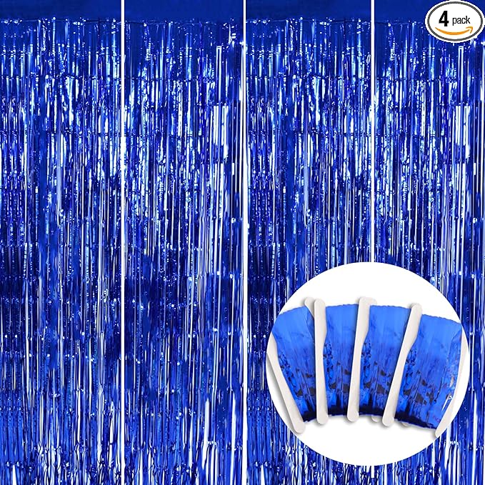 BEISHIDA 4 Pcs Blue Door Streamers Tinsel Curtain Party Backdrop Fringe Foil Wall Background for Birthday Halloween Christmas Wedding Boys Babyshower Party Decoration(3.28 ft x 6.56 ft)