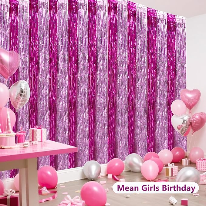BEISHIDA Hot Pink Pink Door Streamers Backdrop Foil Fringe Tinsel Party Streamers Curtains Photo Backdrop -2Pcs for Girl Birthday Valentines Baby Shower Graduation Bachelorette Party Decoations