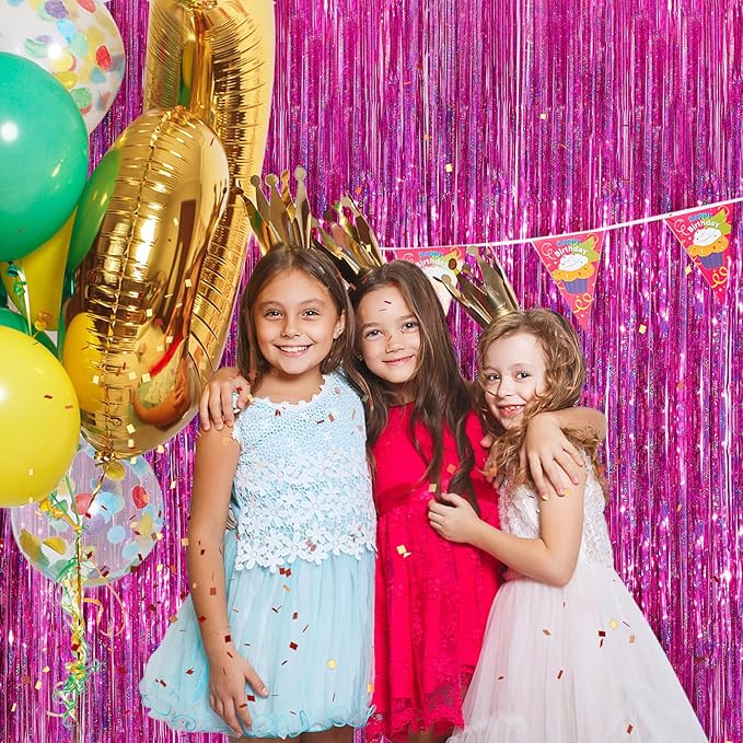 Hot Pink Metallic Tinsel Foil Fringe Curtains, 2 Pack 3.3x8.3 Feet Party Streamer for Birthday Party Decorations, Halloween Decor, Foil Curtain Backdrop for Bachelorette Party
