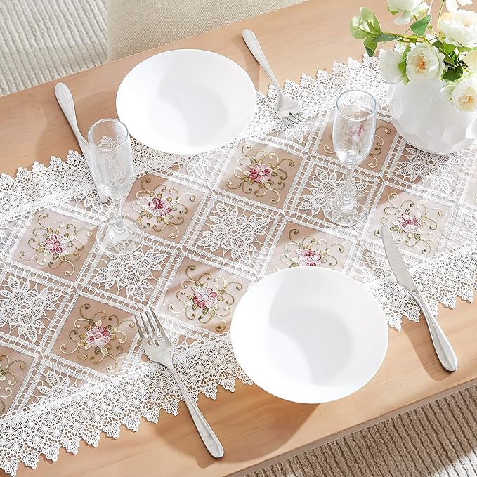 Warm Home Designs White Lace Table Runner. Embroidered with Intricate Flower Design. Can Be Used As Dresser Scarf or Dining Table Runner. VTR White 36
