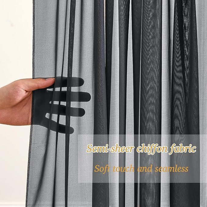 10x10ft Black Chiffon Backdrop Curtain with Lights for Wedding Birthday Parties, Wrinkle Free Backdrop Curtains with Lights for Halloween Baby Shower Gender Reveal Photo Shoot (5 x 10ft,2 Panels)