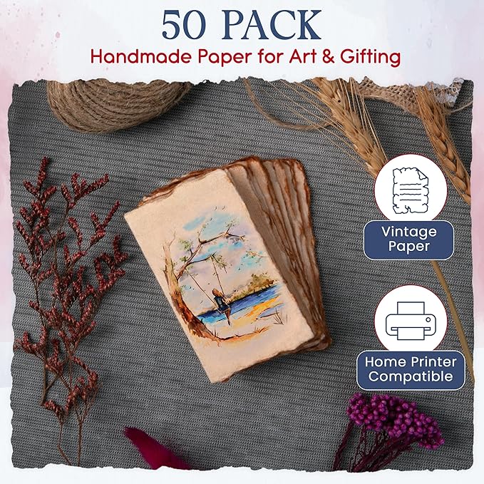 Wanderings Vintage Handmade Deckle Edge Folded Paper – Folded to 3.5"x2" – 150 GSM - 50-Pack – Textured Cotton Paper – Ideal for Place Cards, Blank Name Cards, Table Settings, Gift Tags, Love Notes