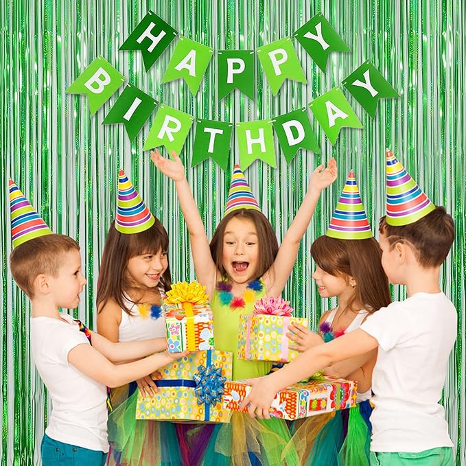 Melsan Foil Curtain Backdrop, 2 Pack 3.2 ft x 8.2 ft Tinsel Foil Fringe Curtains, Sparkle Metallic Foil Fringe Curtains for St Patricks Day Decorations Photo Booth Props Decoration, Green