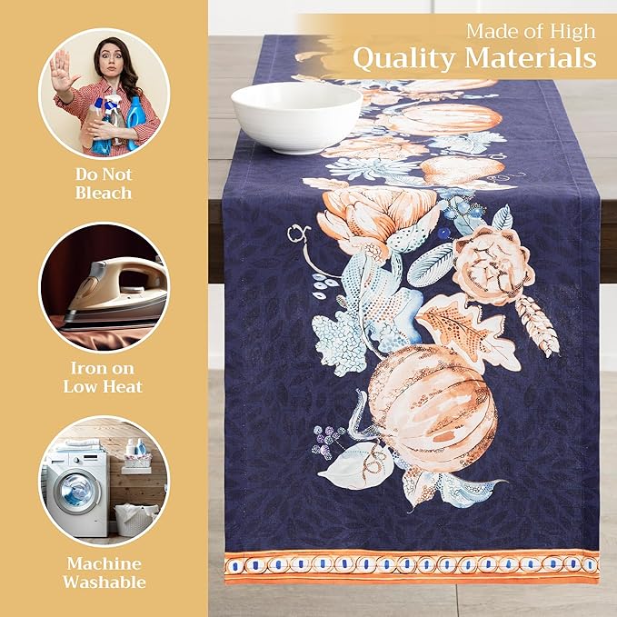 Maison d' Hermine Table Runner 100% Cotton Single Layer Table Runners 72 inches Long for Thanksgiving Christmas Decorations Home Kitchen Dining Party Wedding (Pumpkin Blues, 14.5" x 72")