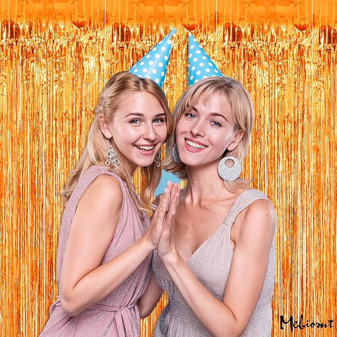 4 Pack Orange Fringe Curtain Backdrop, 3.2Ft x 6.6Ft Metallic Tinsel Foil Fringe Streamers Background for Photo Booth Birthday Wedding Baby Shower Carnival Easter Mother’s Day Party Decorations