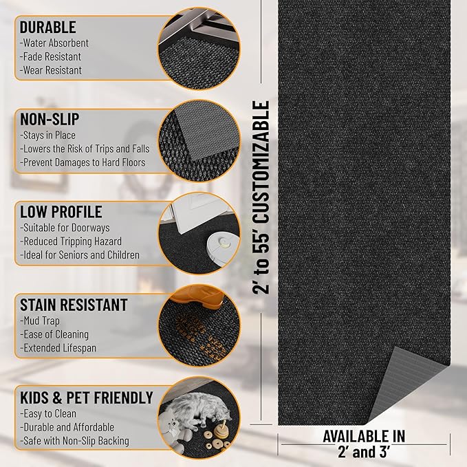 Ottomanson Commercial Scrape Rib Entry Mat – Heavy Duty Ribbed Floor Mat for High Traffic – Non Slip Rubber Back, Waterproof – Indoor Outdoor Use for Offices, Schools, Lobbies, 2' x 49', Black