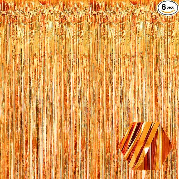 6 Pack Orange Foil Fringe Curtain Backdrop, 3.28Ft x 8.2Ft Metallic Tinsel Foil Fringe Streamer Curtains for Photo Booth, Birthday, Wedding, New Year Party Decorations