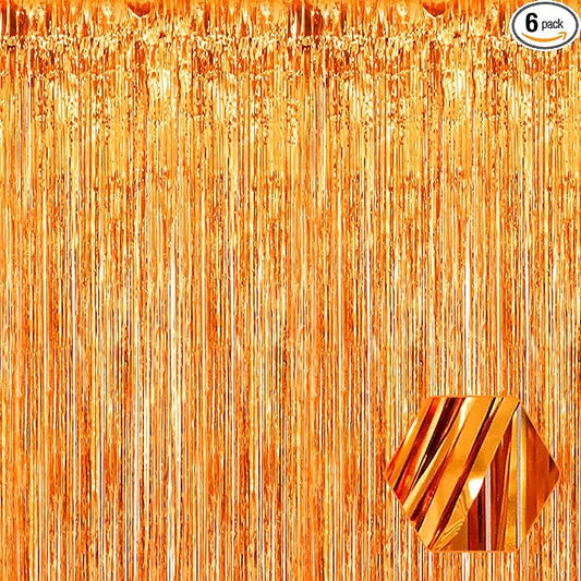 6 Pack Orange Foil Fringe Curtain Backdrop, 3.28Ft x 8.2Ft Metallic Tinsel Foil Fringe Streamer Curtains for Photo Booth, Birthday, Wedding, New Year Party Decorations