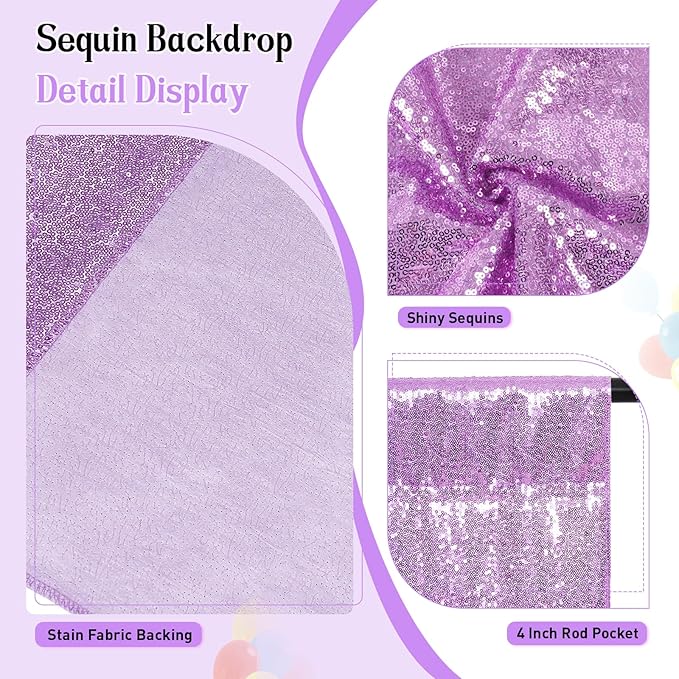 SquarePie Sequin Backdrop Curtain Not See Through Thick Glitter Background for Party 8FT x 8FT Lavender