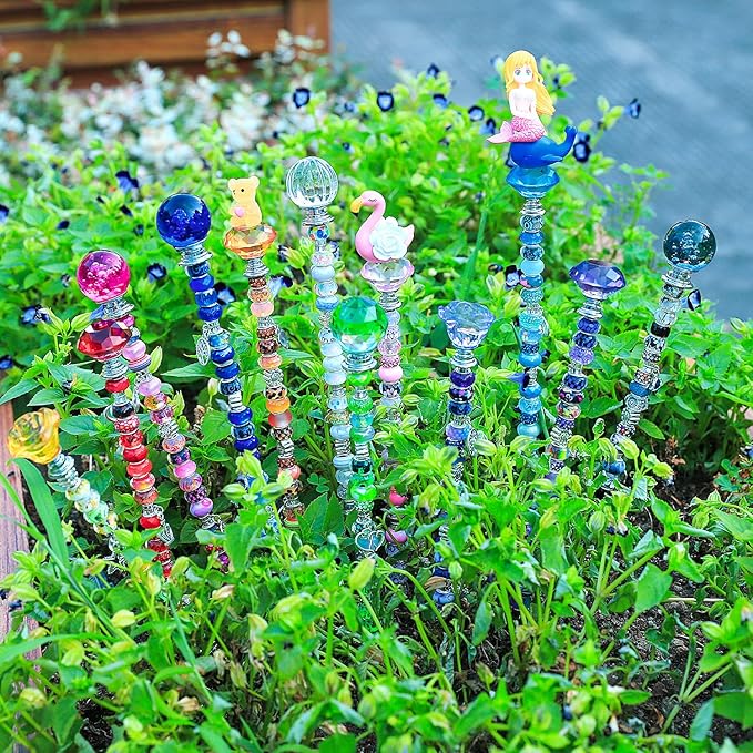 AIPRIDY 238 Pcs DIY Fairy Wand Garden Stakes Kit,Multiple Color Scheme European Beads Crystal Diamond Tops and 12 or 10 Inch Threaded Rods,Stainless Steel Stakes with Diamond Toppe (Hybrid)
