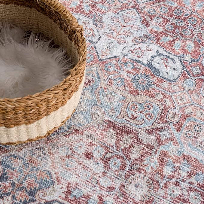 Bloom Rugs Washable Non-Slip 2x3 Rug - Brick/Dark Blue Traditional Oriental Area Rug for Living Room, Bedroom, Dining Room, and Kitchen - Exact Size: 2' x 3'