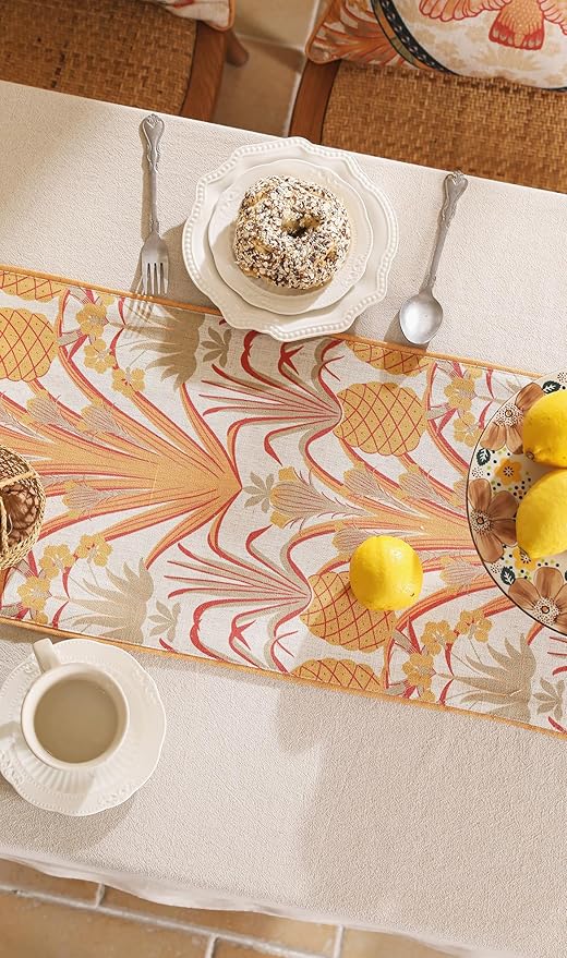 patdrea Designer Tropical Linen Table Runner 71 Inch Long, Yellow Vintage Elegant with Pineapple Pattern Table Mat,Decoration for Kitchen Dining Coffee Table Cover Banquet Christmas , 12"*71"