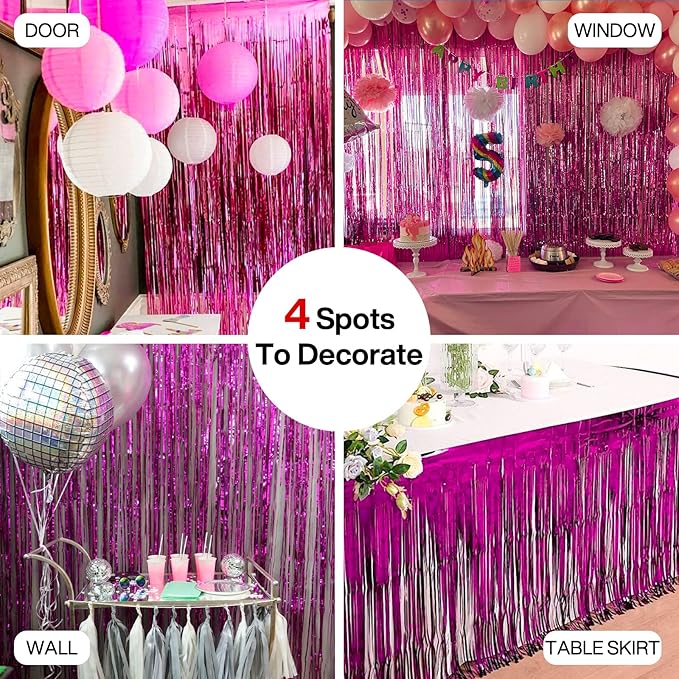 PartyWoo Foil Fringe Curtain Hot Pink, 2 pcs Hot Pink Streamers, Fringe Backdrop, Tinsel Backdrop, Tinsel Curtain, Metallic Door Shimmer, Birthday Party Streamers