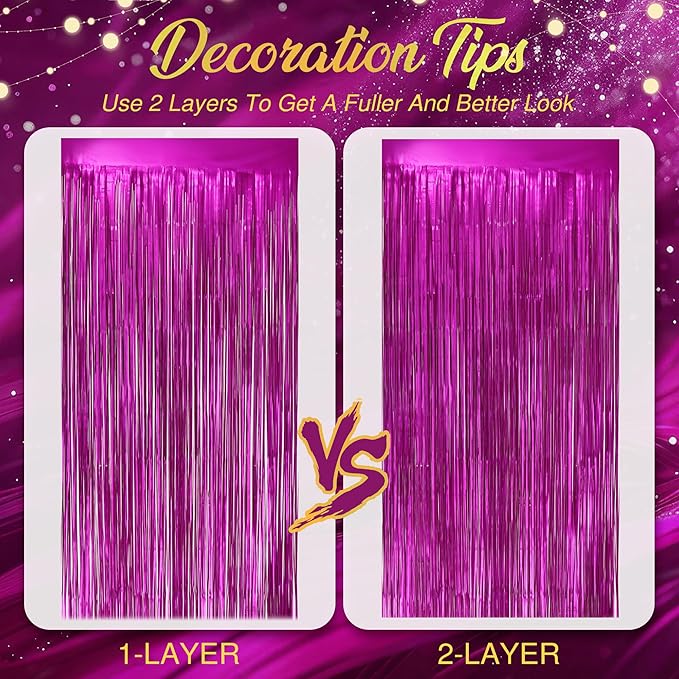 2 Pack Metallic Fuchsia Fringe Backdrop, 3.2x8.2ft Shining Foil Tinsel Curtains, Birthday Party Decorations Door Streamers for Halloween, Christmas, Wedding, Graduation, Holiday, Theme Events