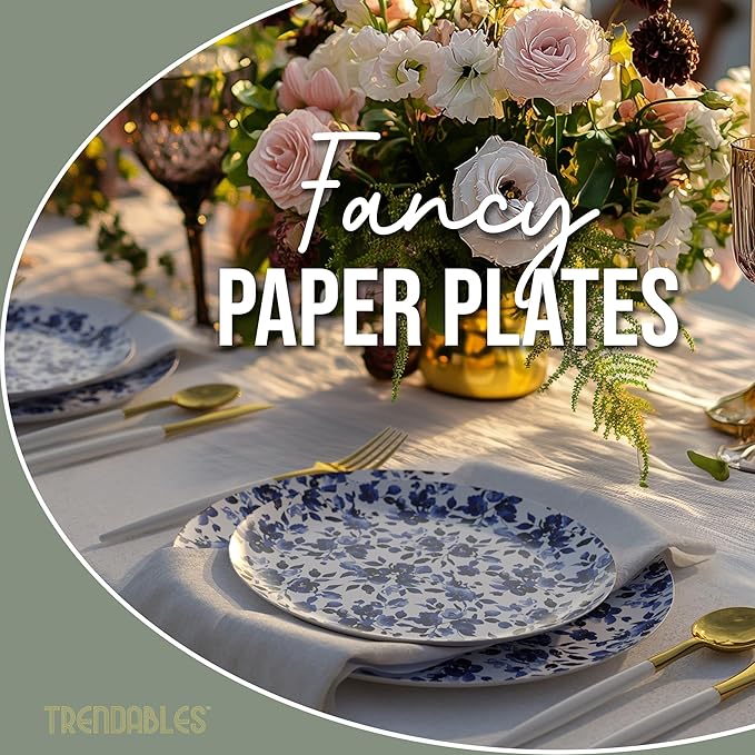 Trendables Heavy Duty Paper Plates Set For 16 Guests - 16 Each Of 8-inch And 10-inch Disposable Plates For Party - Fancy 32 Piece Dinnerware Set For All Occasions | Floral Design, Bluebelle