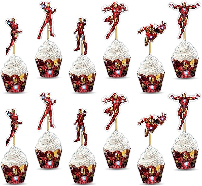 "Irn Man Cupcake Wrapper – Theme Birthday Party Supplies – Cartoon Inspired Cupcake Decoration Wraps for Birthday, Baby Shower, School Events, and Themed Parties"
