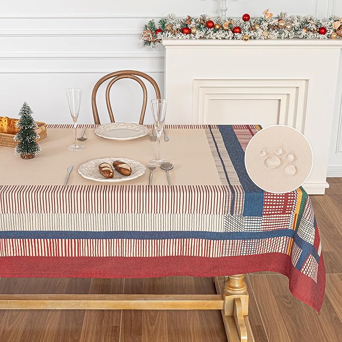MYSKY HOME Cotton Table Cloth, Rustic Striped Fall Tablecloth, Farmhouse Table Cloth Waterproof Wrinkle Free Halloween Tablecloth Washable for Rectangle/Oblong, 55''x86'', Red