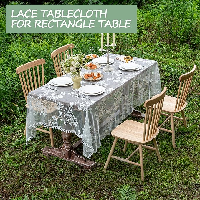 Jayla White Lace Tablecloth for Rectangular Tables, Vintage Style Wedding Table Cloths for Reception, Baby Shower, Birthday Party, Formal Dining, Dinner Parties 60 X 120 Inches